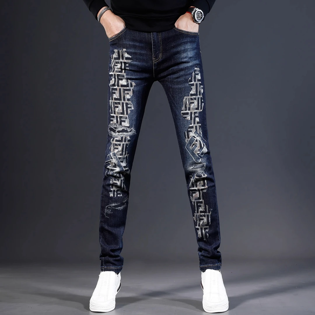 臣吾高端男士牛仔裤春夏新款潮流时尚印花修身小脚休闲百搭裤子