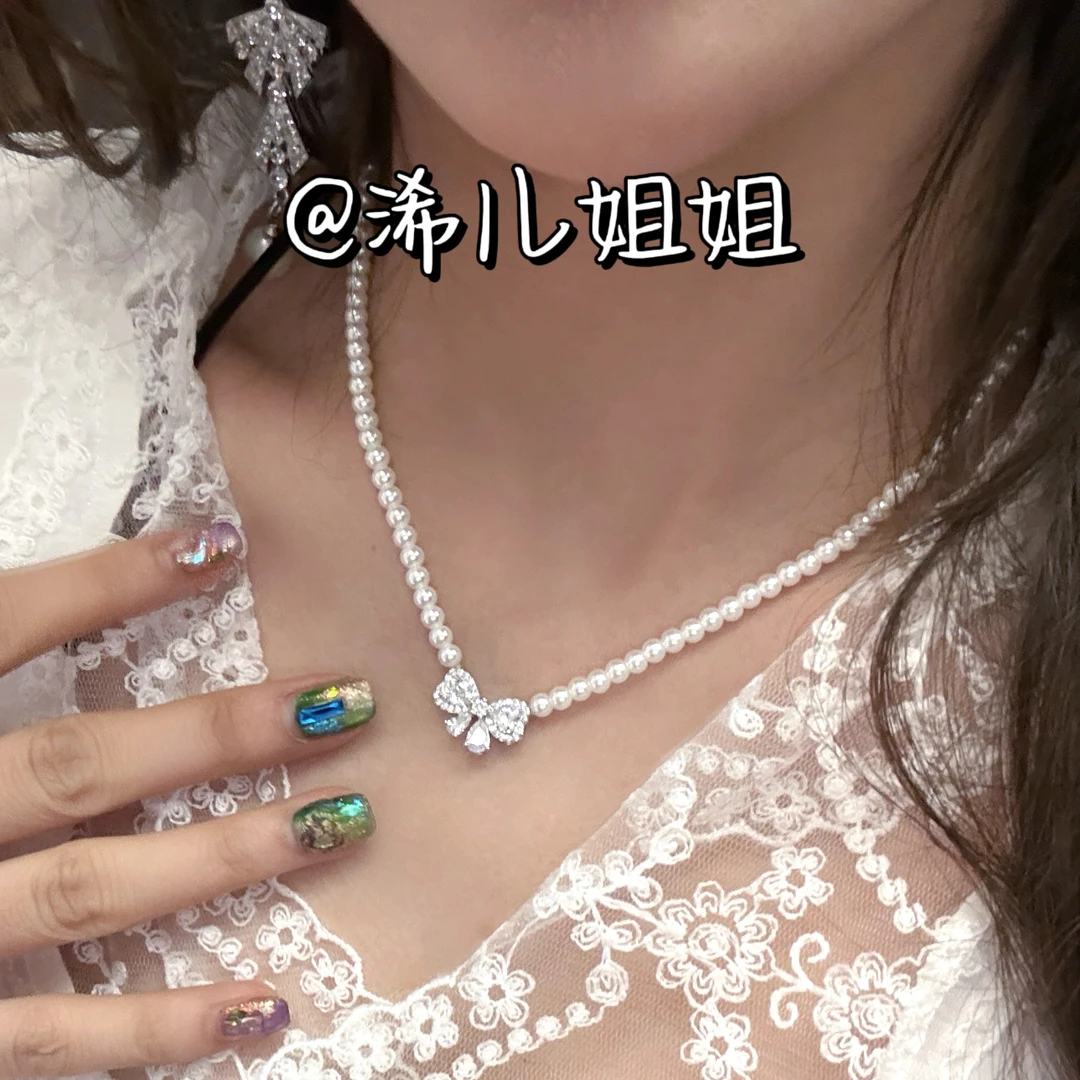 铜合金吊坠 【浠儿家】法式轻奢蝴蝶结珍珠项链复古优雅锁骨链女