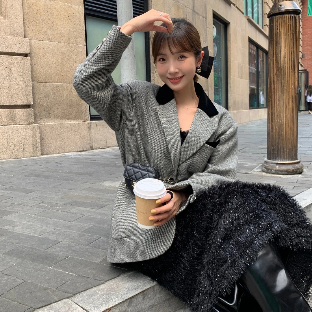 秋冬五金女孩高级感显瘦宽松西装外套女小香风85053