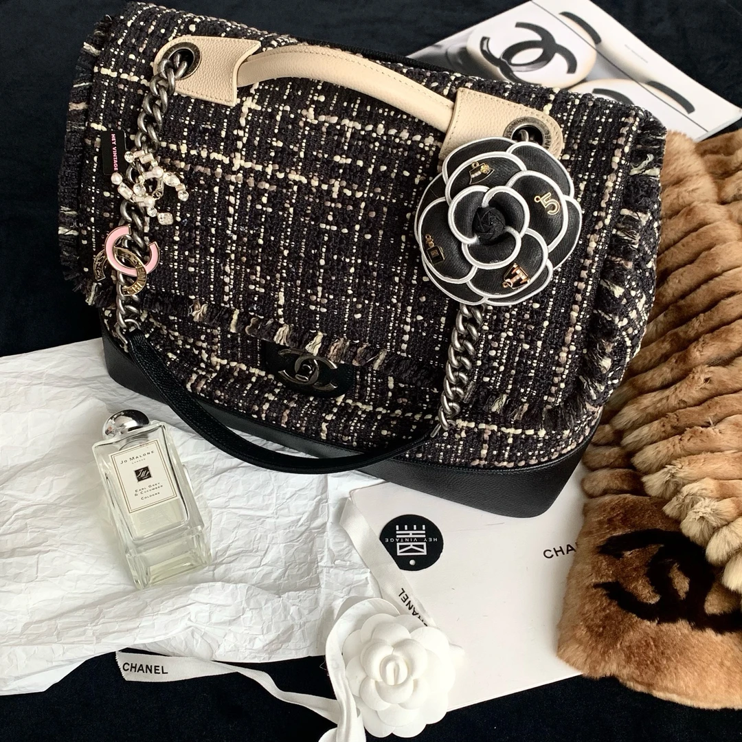 95新 Chanel/香奈儿 毛呢拼接保龄球机场包 32cm 19015305