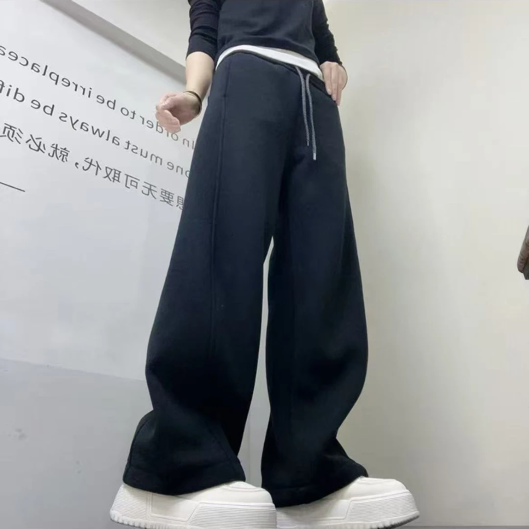 藏蓝色阔腿弯刀裤女2025新款秋冬加绒高腰宽松香蕉休闲运动卫裤子