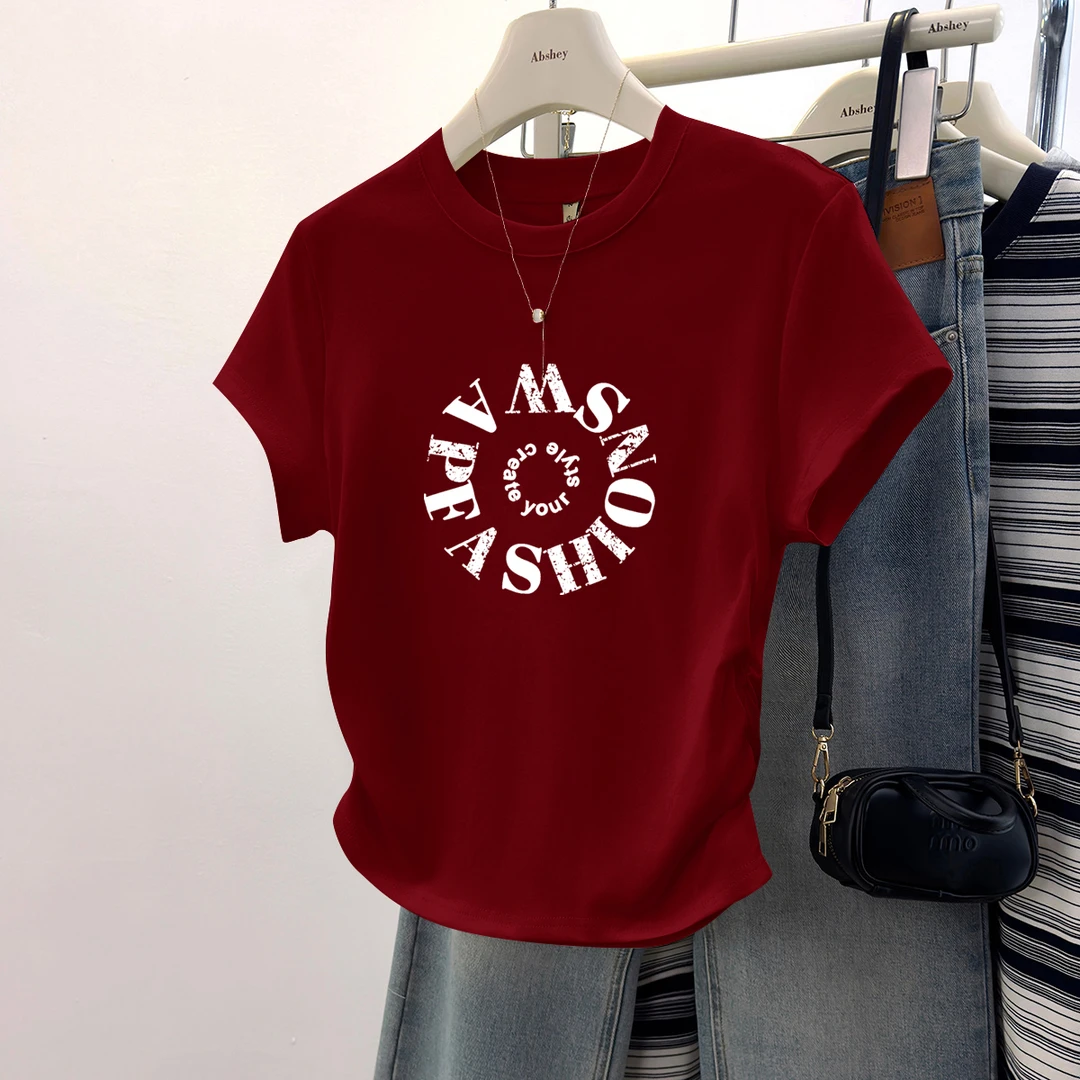 2025夏季新款欧货褶皱收腰正肩短袖T恤女白色内搭小众修身上衣ins