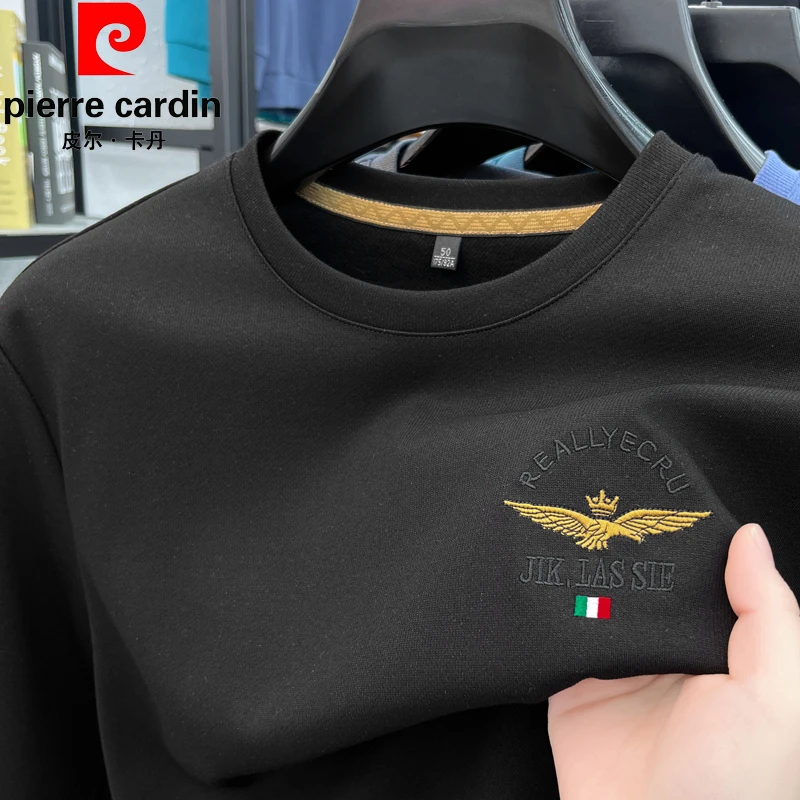 皮尔卡丹长袖棉t恤男春秋新款圆领刺绣中年休闲爸爸装免烫上衣