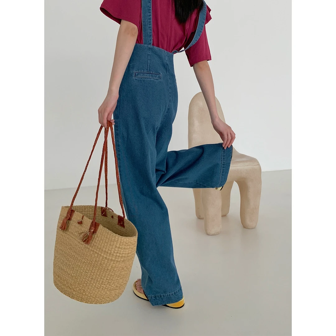 NEWOPEN 韩版百搭高腰直筒拖地背带牛仔裤女春夏季22089