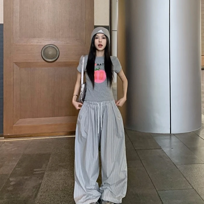 抽绳松紧腰条纹休闲裤女夏季慵懒风垂感运动长裤宽松阔腿拖地裤子