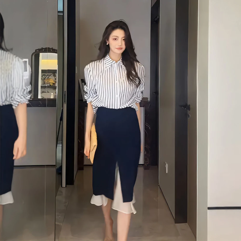 2025夏季茶里茶气别致套装复古蕾丝风条纹衬衫miu系半身裙两件套