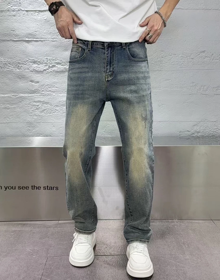夏季复古洗水浅色宽松小直筒牛仔裤秋季百搭休闲裤子男