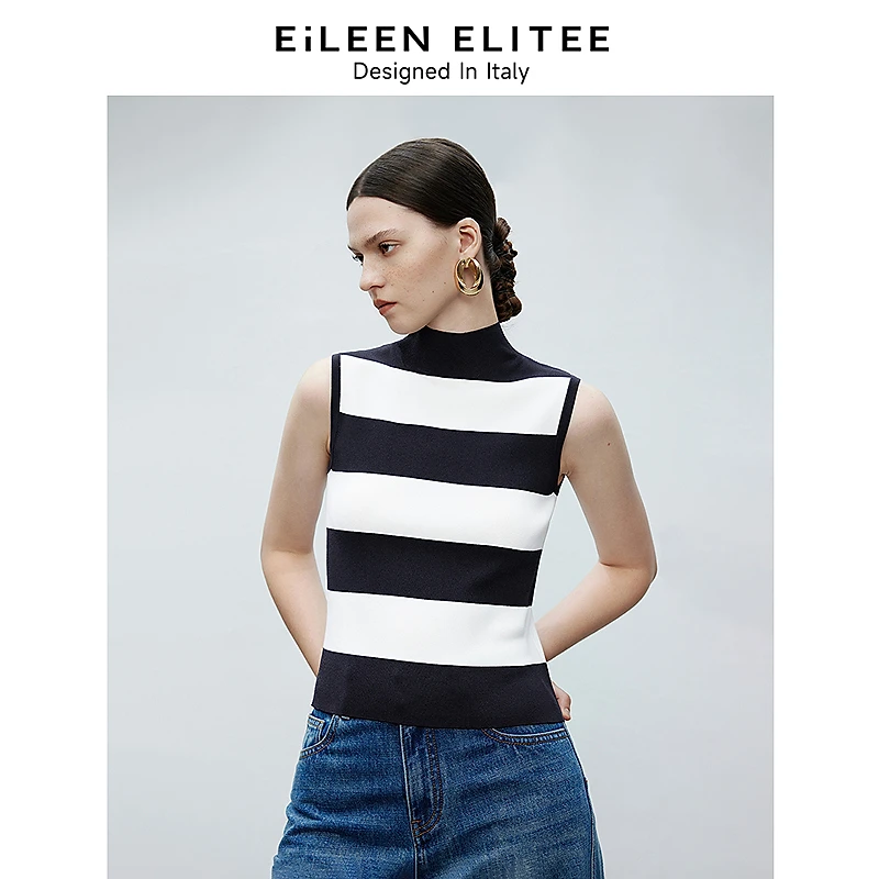 朗姿2025年春季新款黑白针织撞色无袖衬衫女时髦法式优雅上衣