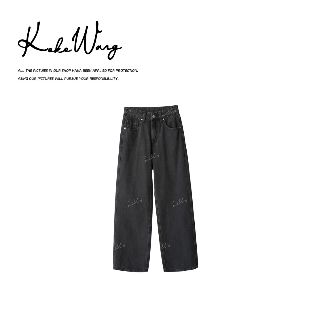 KOKO WANG秋冬新款时尚气质水洗显瘦后字母直筒牛仔裤X7045I08K06