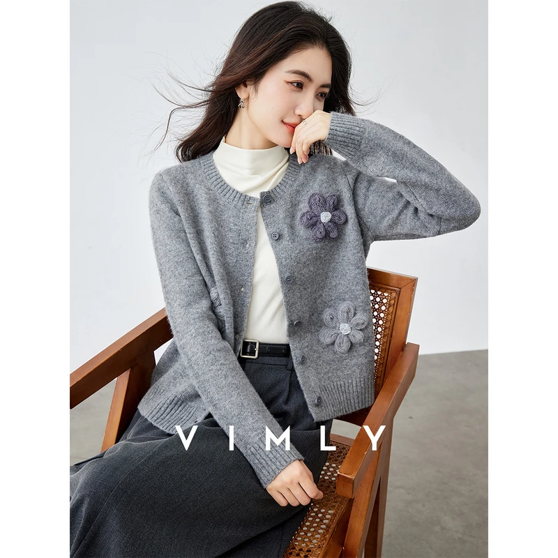 梵希蔓灰色立体花朵圆领毛衣开衫女冬季保暖长袖针织外套75281