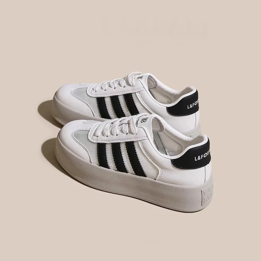 真皮透气小白鞋女2025新款夏季厚底松糕板鞋休闲网面德训鞋女鞋子