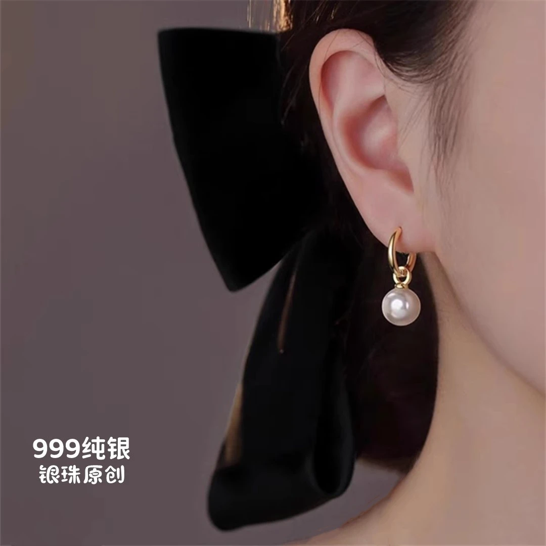 足银仿珍珠耳饰 999纯银耳环2025新款爆款耳圈女气质坠防过敏小众