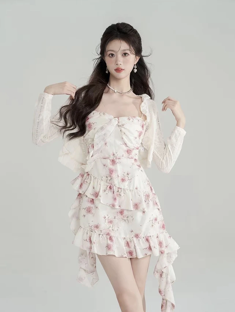 （桃喜）韩版纯欲碎花吊带连衣裙优雅气质不规则收腰