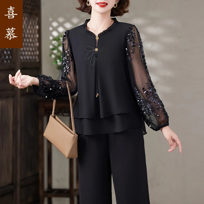 2025新款春夏妈妈装薄款时尚套装高端衬衣女洋气减龄T恤小衫上衣