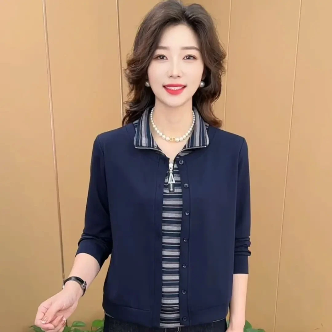 秋季新款时尚立领半拉链假两件洋气妈妈装休闲百搭长袖上衣K3077