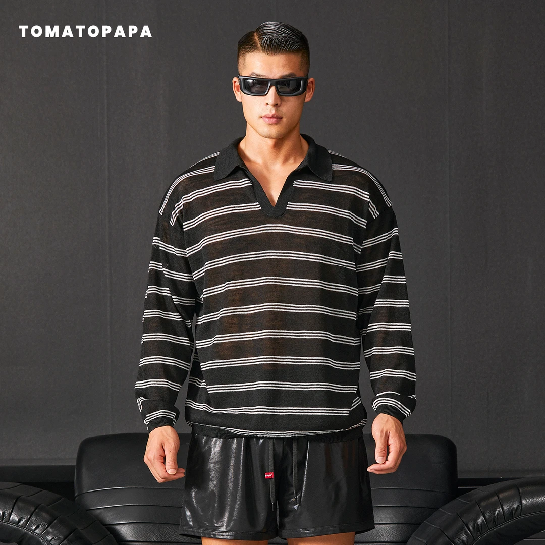 TOMATOPAPA新款2025秋冬条纹T恤长袖V领针织POLO男子青年百搭上衣