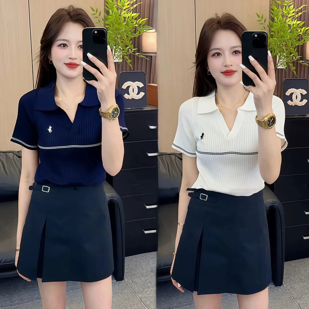 【现货】设计感POLO领短袖针织衫女2025夏季新款显瘦高级感气质上衣