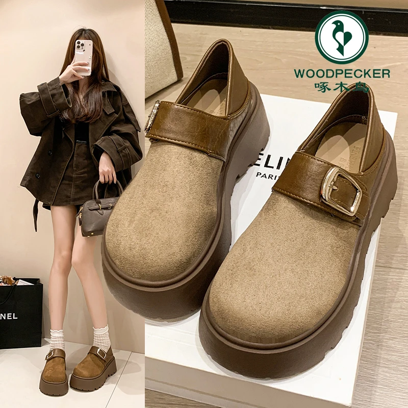 啄木鸟厚底勃肯鞋女2025新款秋季复古棕色小皮鞋一脚蹬单鞋乐福鞋