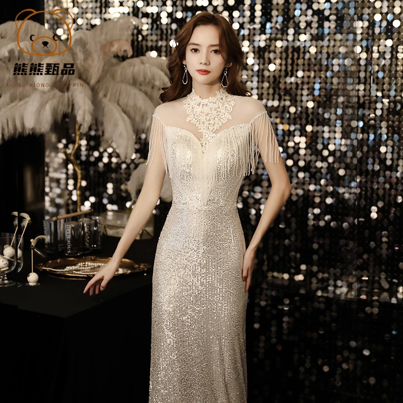 新款长款名媛气质晚礼服女主持人优雅流苏小个子连衣裙秋季宴会sp