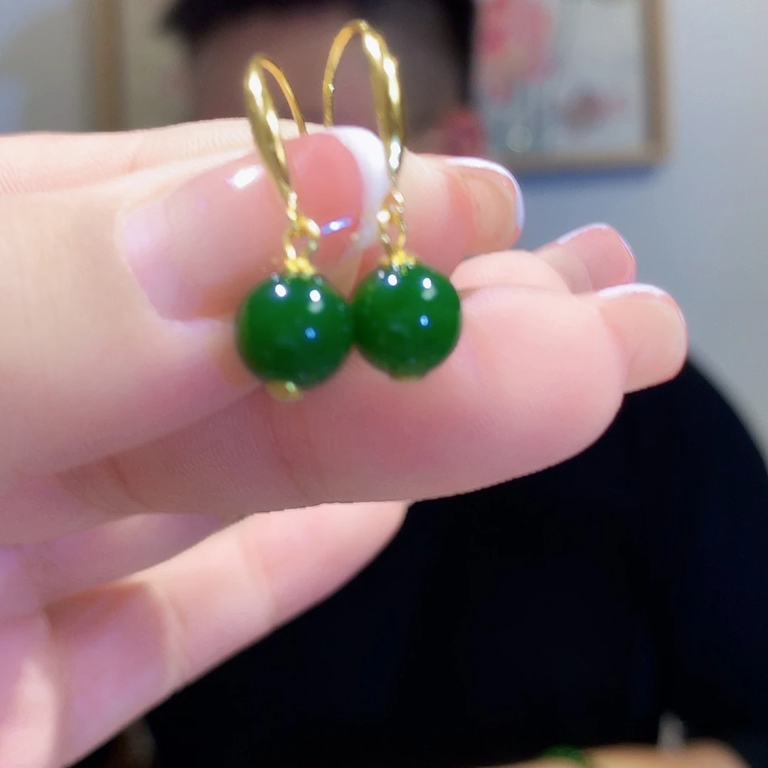 和田玉（碧玉）耳饰银S925镀金镶嵌