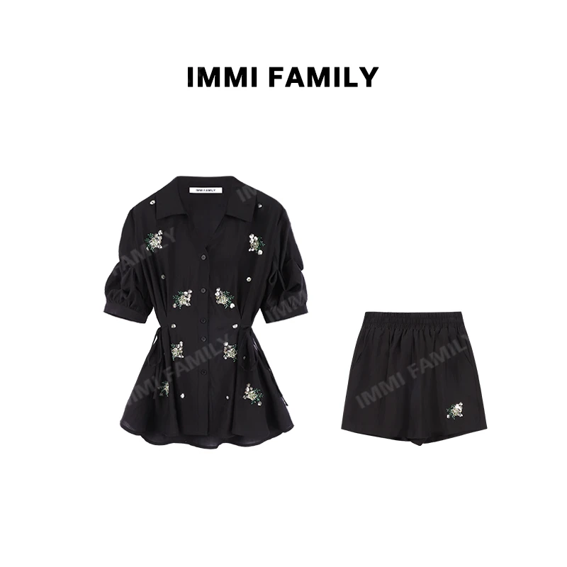 “巴黎夜晚”轻奢高级烫钻刺绣气质收腰衬衫时尚洋气两件套装