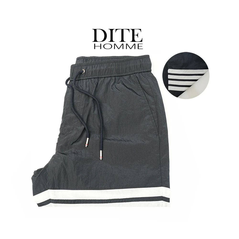 Dite迪特男春夏新薄速干条纹拼接刺绣四杠简约灰黑蓝色束口休闲裤