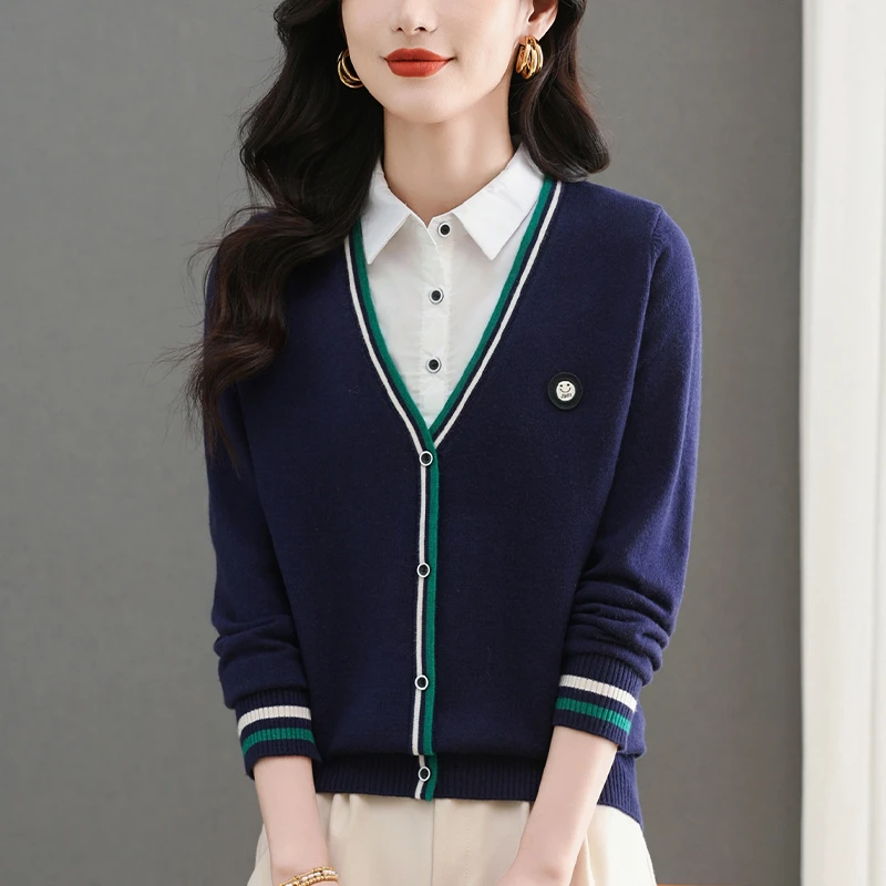 假两件打底衫女春秋时尚洋气衬衫领毛衣宽松显瘦百搭大码针织上衣