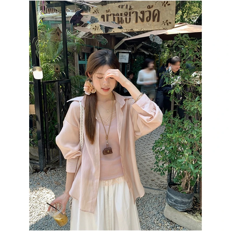 乌77春日氧气感衬衣外套女高级感仿天丝翻领长袖衬衫宽松外搭上衣