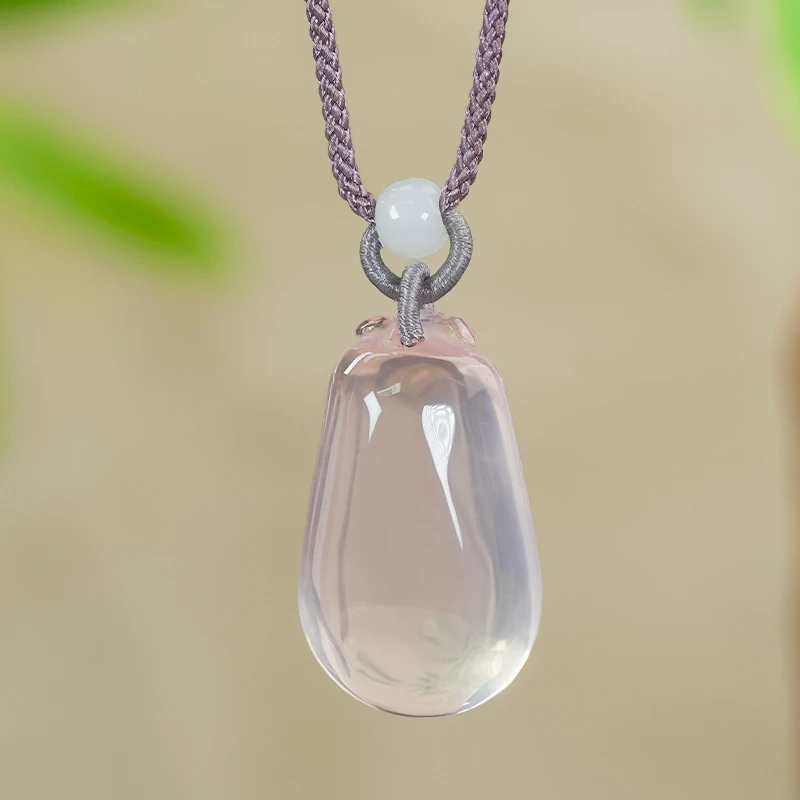 天然透明粉水晶未镶嵌精致百搭冰透水滴吊坠项链（可调节长度）