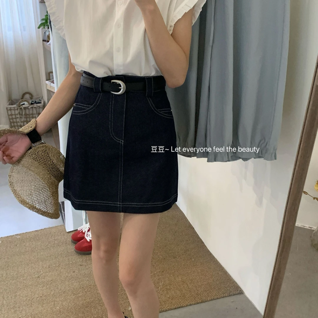 2025年夏季新款美式复古洋气百搭明线高腰洗水牛仔A字包臀短裙女