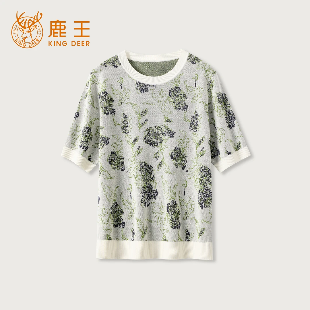 King Deer/鹿王夏季女士镂空提花蕾丝短袖L805075