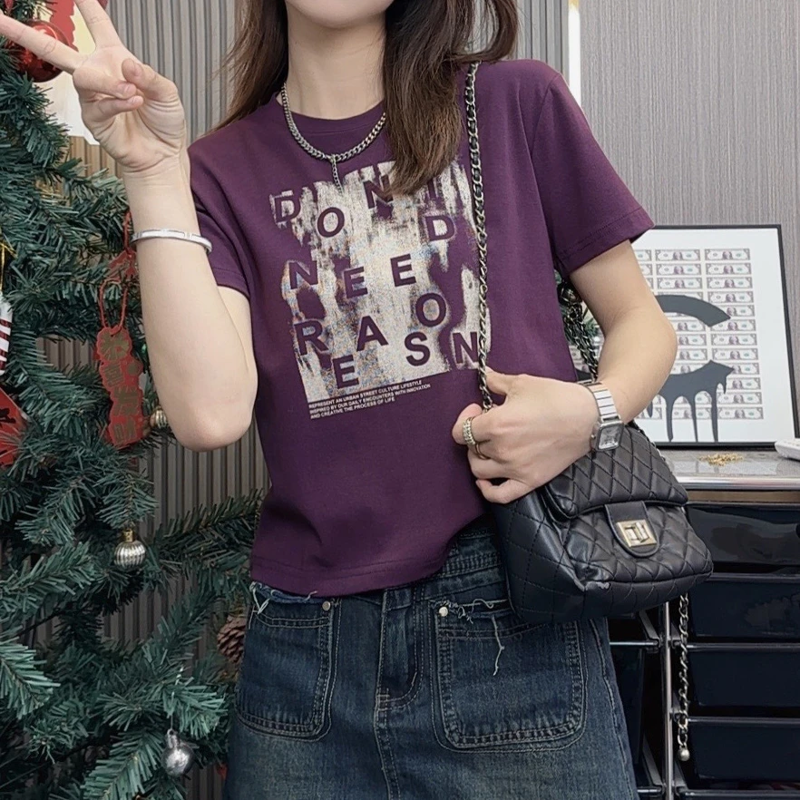 美式报刊正肩圆领短袖t恤女显瘦时尚夏季感别致休闲百搭女式