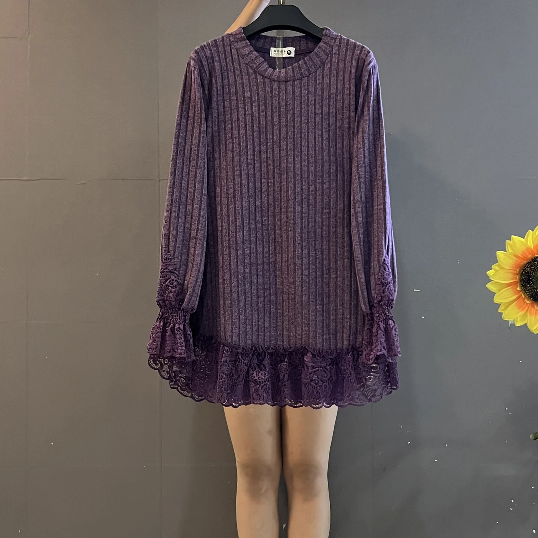 极简风圆领蕾丝袖口宽松遮肉显瘦时尚百搭大衫裙