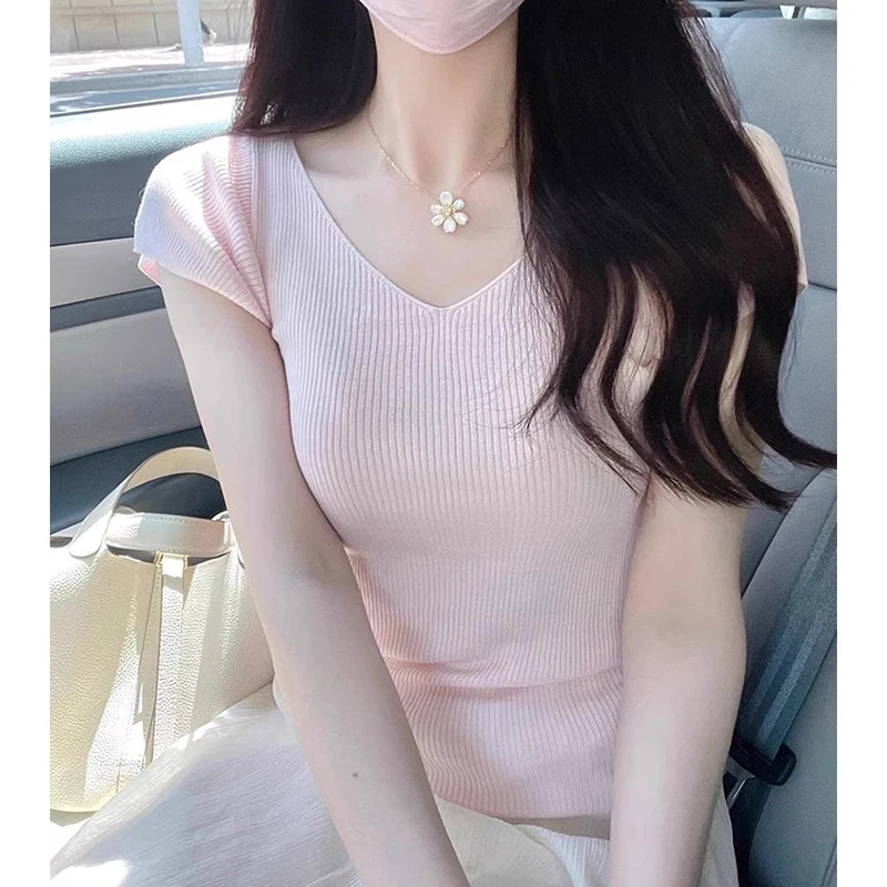 法式高级感V领针织衫短袖女夏季新款气质修身显瘦小飞袖百搭上衣