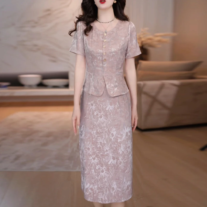 高端短袖连衣裙女2025夏季新款气质优雅减龄假两件修身显瘦中长裙
