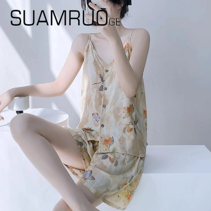 SUAMRUO睡衣女夏季爆款新款吊带高级感新中式国风棉绸家居服套装