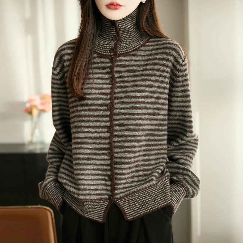 品牌撤柜正品秋冬加厚撞色条纹堆堆领针织羊毛开衫女2025冬装女款