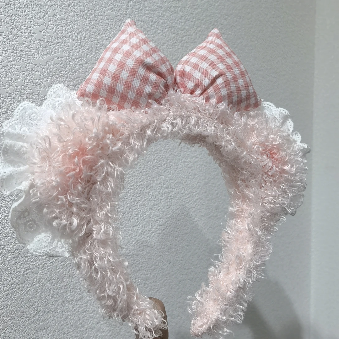 A678粉色格子蝴蝶结蕾丝洗脸发箍