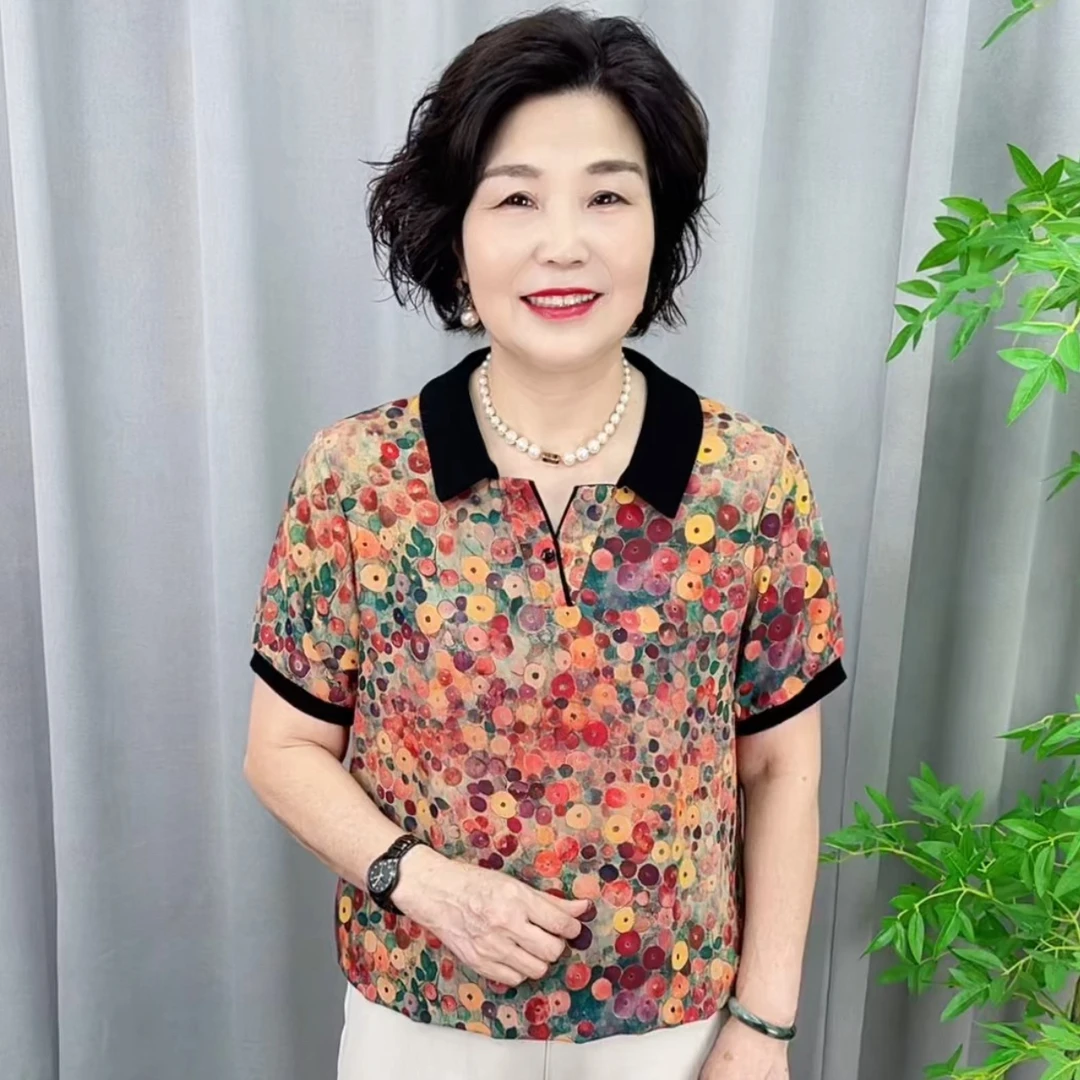 中老年女装中老年夏季薄款衬衫显瘦中老年印花英伦风V5608