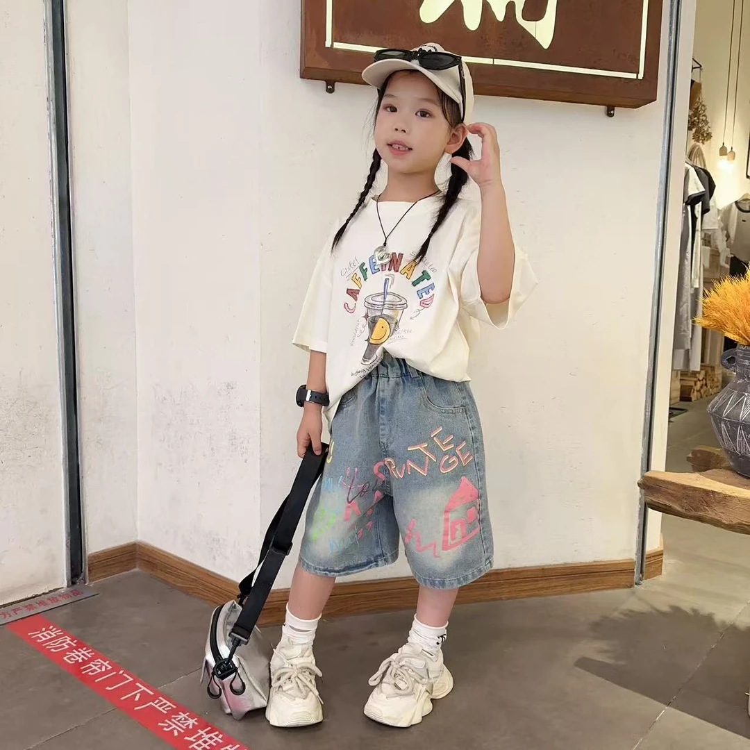 女童韩版休闲字母印花夏季薄款牛仔中裤2025新款中大童百搭两件套