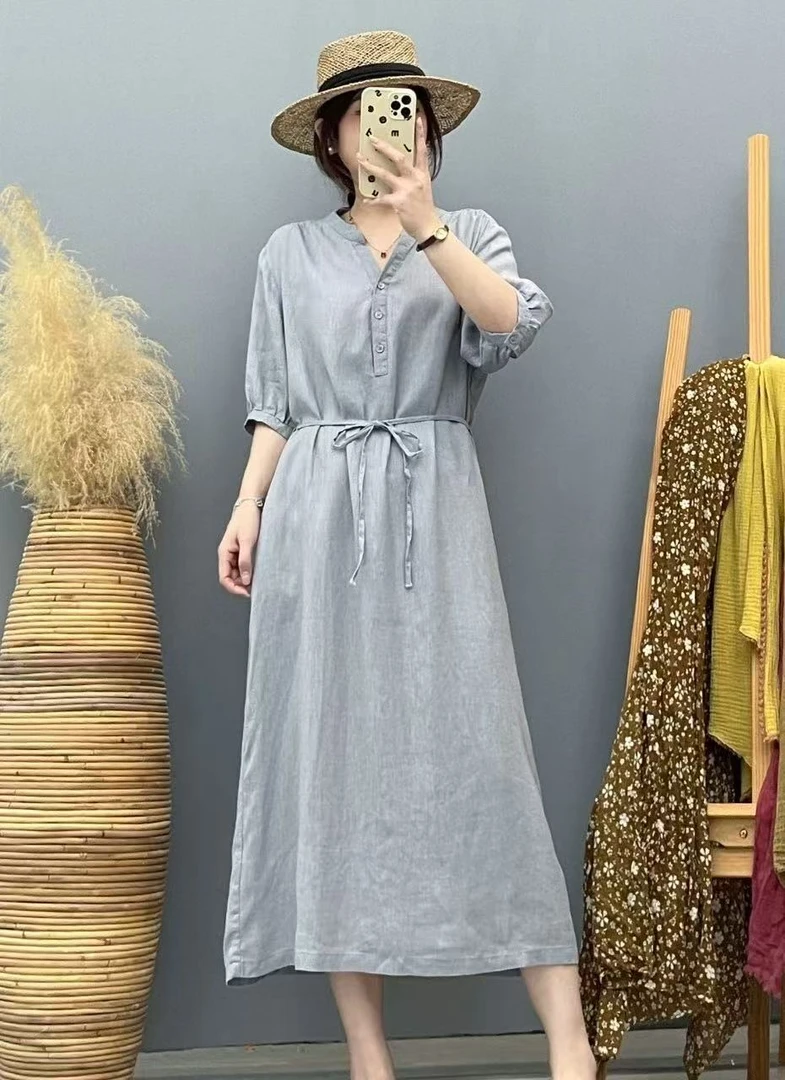 【亚麻系】夏季新款腰间系带100纯亚麻连衣裙纯色女装洋气百搭气质