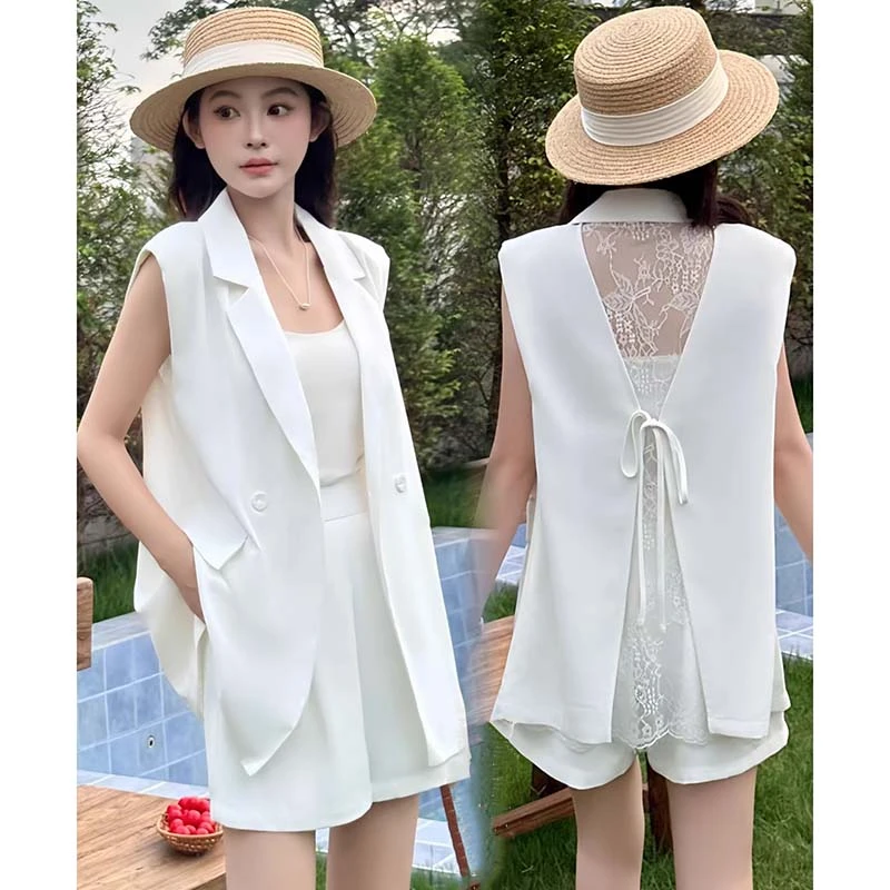 【王二小】【两件套】【有里布】夏新款蕾丝露背无袖马甲西装套装D2899