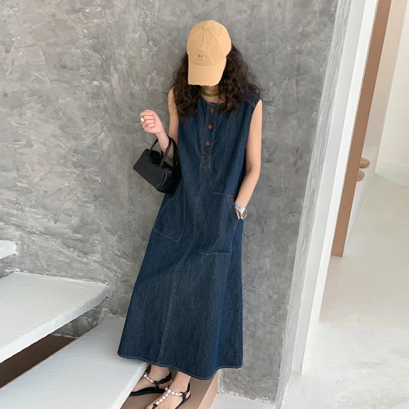 高级感复无袖牛仔连衣裙女夏薄款2025新款韩系古气质显瘦遮肚长裙