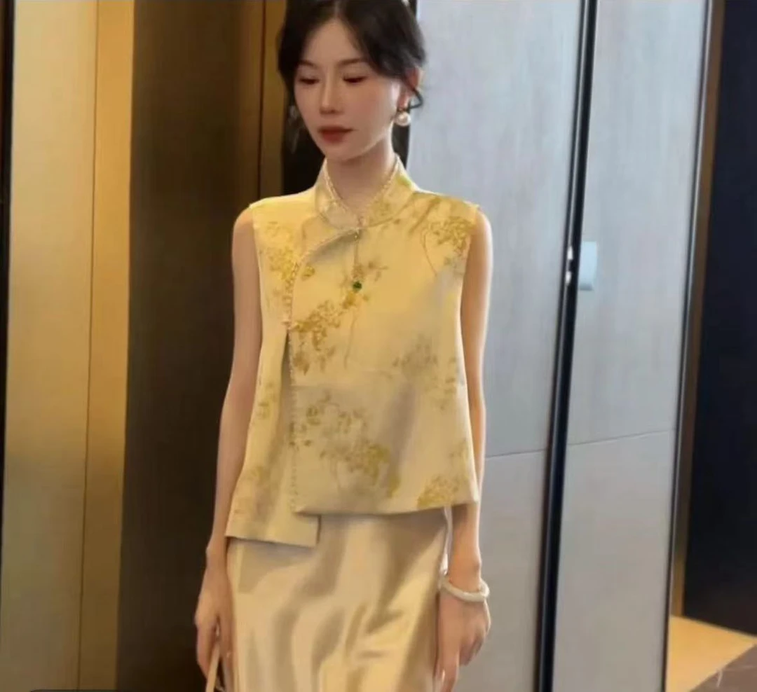 {瑶瑶}新中式立领国风复古宽松提花百搭显瘦无袖上衣
