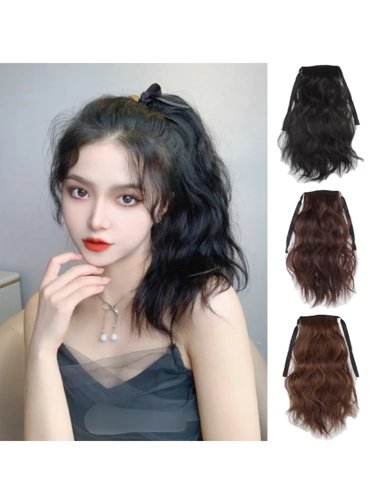 抓夹式玉米烫女假发马尾短款中长假马尾辫子羊毛卷绑带长卷发气质