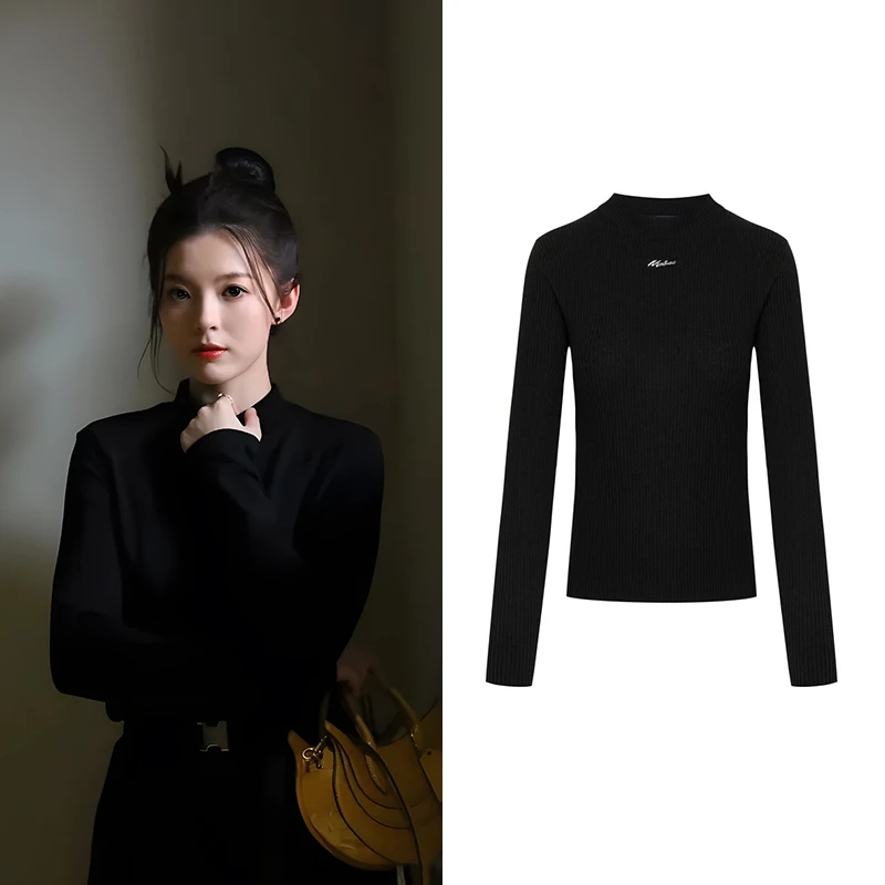 Z1204【M】金属牌含天丝羊毛针织衫打底衫修身显瘦气质百搭上衣