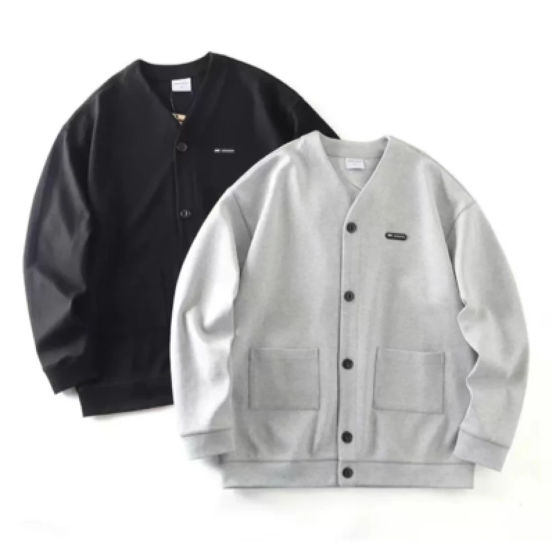 新款重磅纯棉针织V领排扣开衫卫衣男春秋宽松休闲棒球领夹克外套