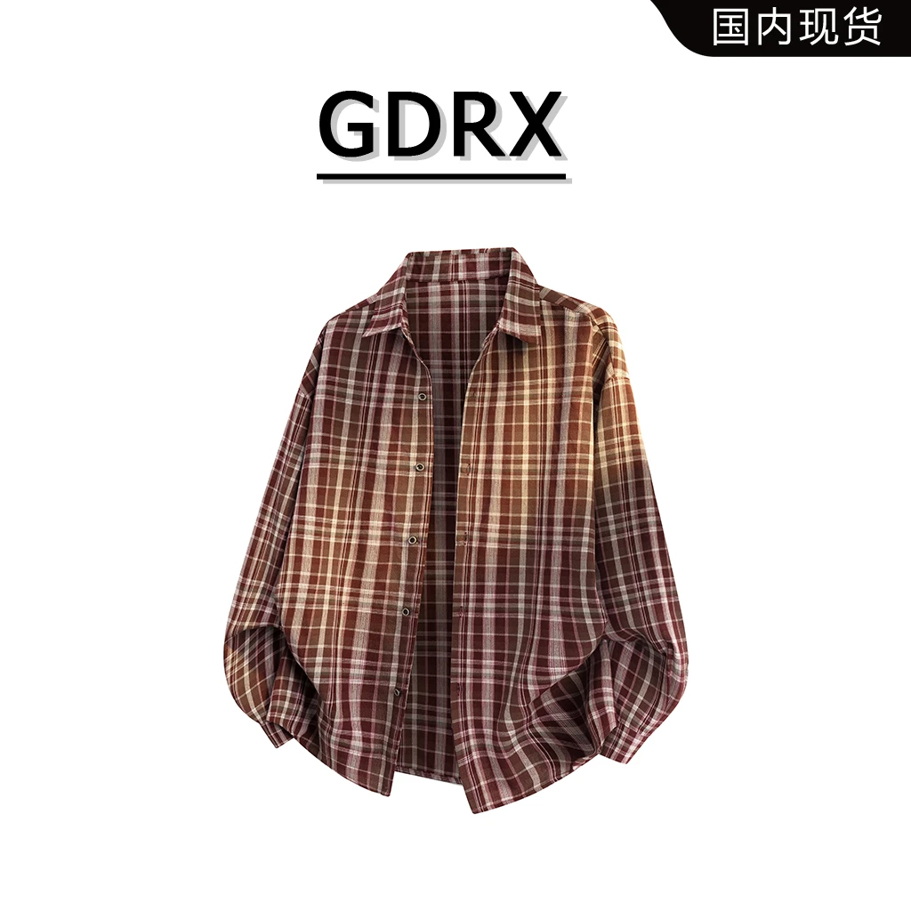 GDRX美式格子衬衫2025秋季新款男生设计感休闲百搭长袖纯棉衬衣