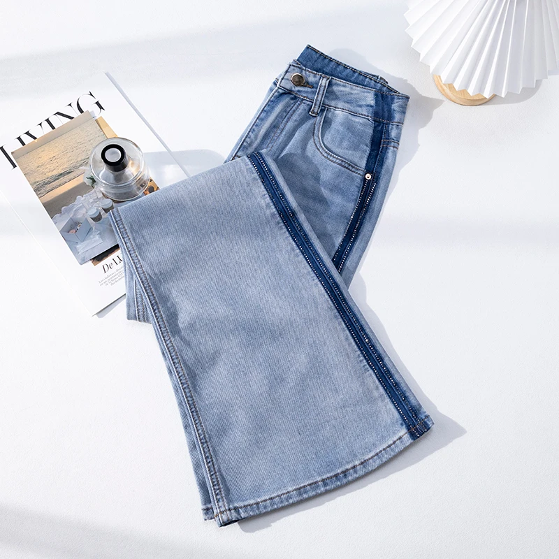 莱赛尔烫钻天丝喇叭裤女2025年夏薄款高腰垂感不贴腿微喇牛仔裤