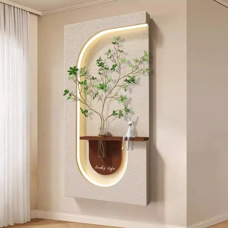 水培绿植入户玄关装饰画奶油风立体砂岩走廊过道尽头挂画客厅壁灯